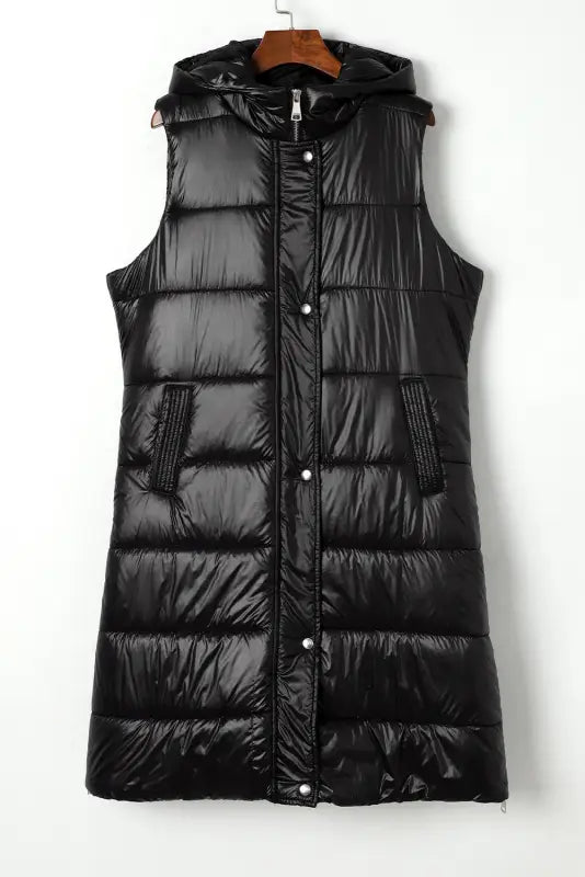 Black hooded long quilted vest coat - coats fashionfitz