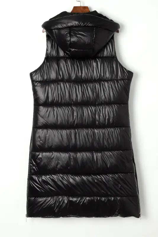 Black hooded long quilted vest coat - coats fashionfitz