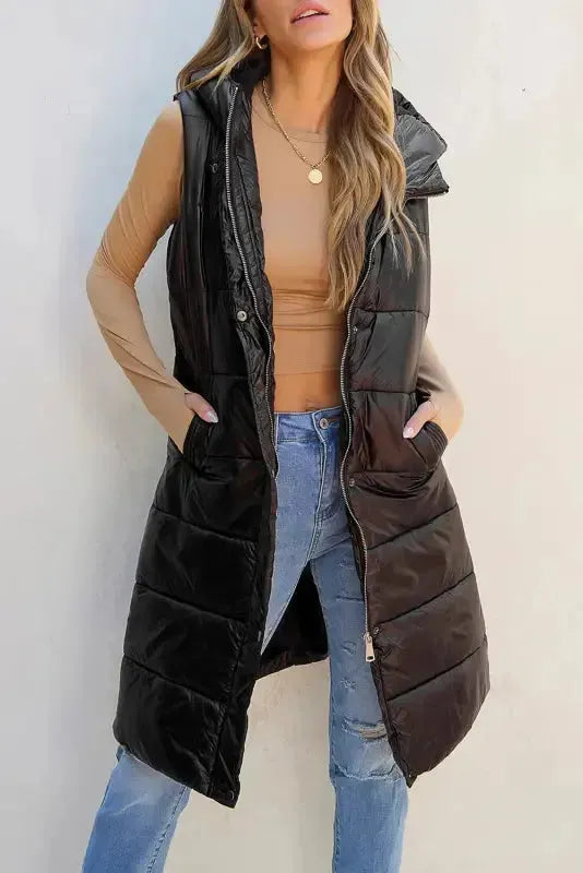Black Hooded Long Quilted Vest Coat - Fashionfitz
