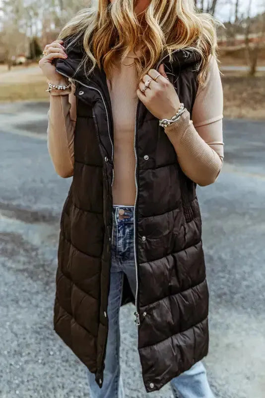 Black Hooded Long Quilted Vest Coat - Fashionfitz