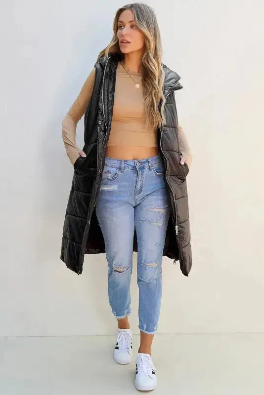 Black Hooded Long Quilted Vest Coat - Fashionfitz
