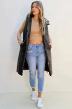 Black Hooded Long Quilted Vest Coat - Fashionfitz