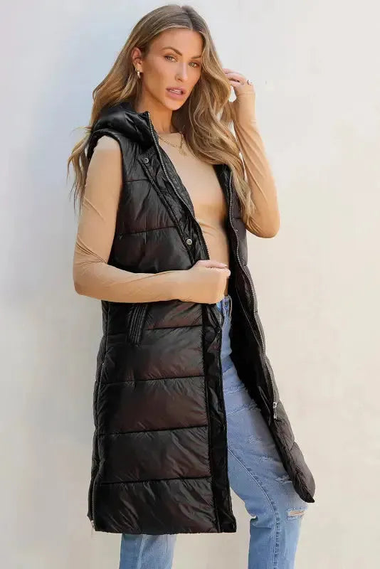 Back view of black hooded long quilted puffer vest Fashionfitz UK