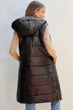 Black Hooded Long Quilted Vest Coat - Fashionfitz