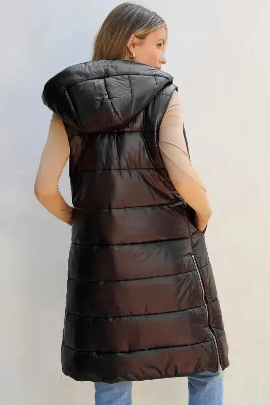 Side view of long quilted hooded puffer gilet vest showing floor length coverage Fashionfitz UK