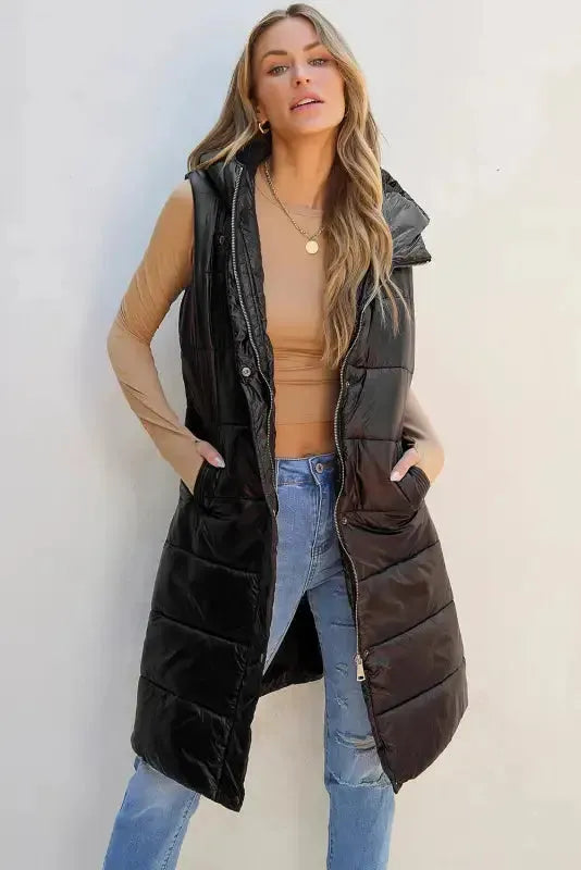 Close-up of quilted puffer panels and hood detail on long winter gilet vest Fashionfitz UK