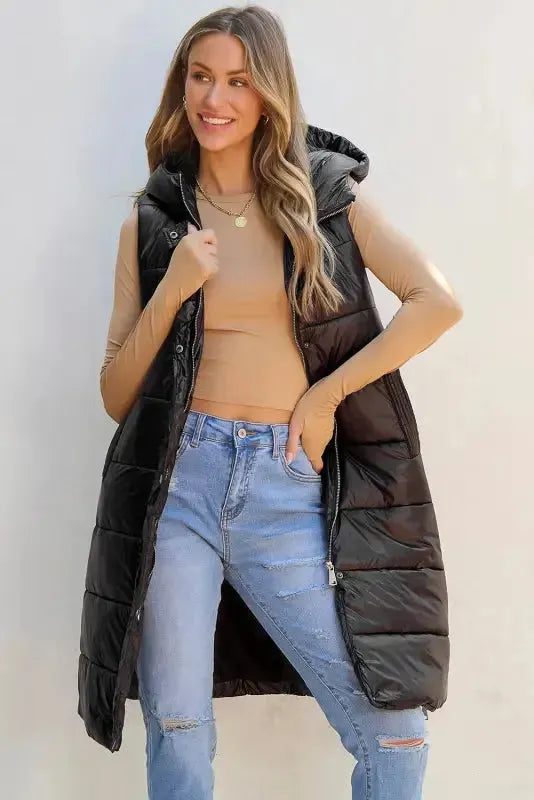 Black Hooded Long Quilted Vest Coat - Fashionfitz