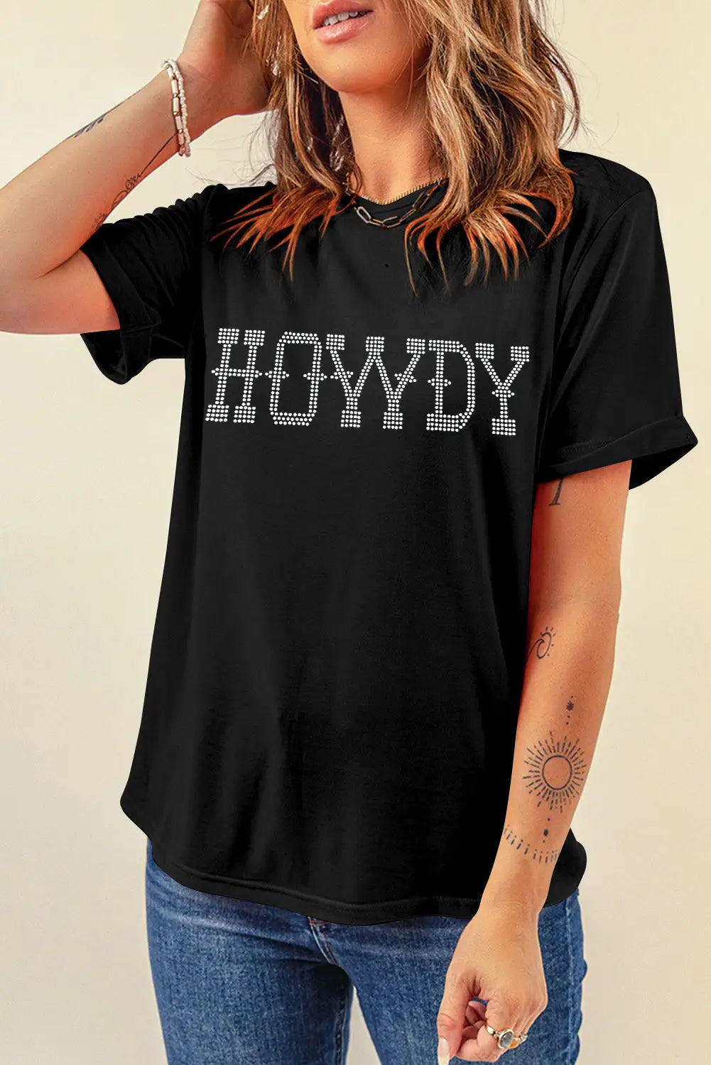 Black howdy rhinestone slim fit crew neck t shirt - graphic t-shirts