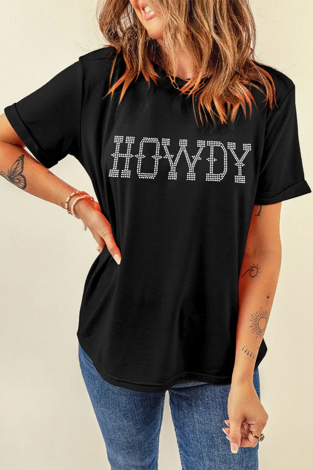Black howdy rhinestone slim fit crew neck t shirt - graphic t-shirts