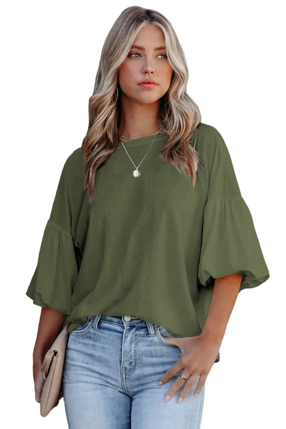 Black joint bubble sleeve round neck blouse - tops