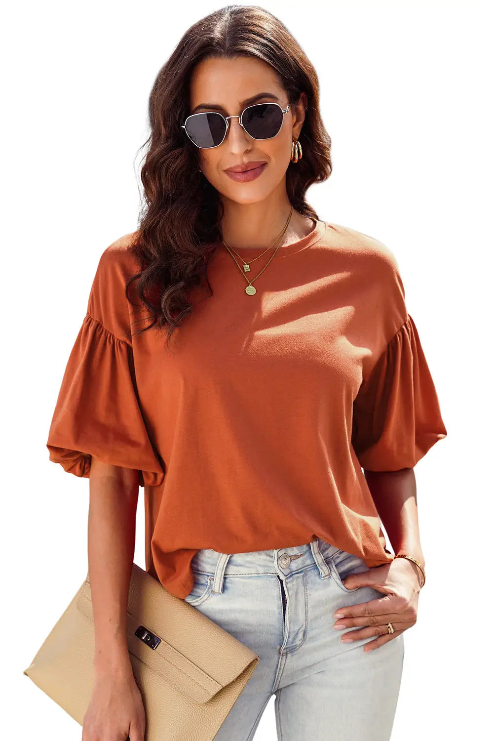 Black joint bubble sleeve round neck blouse - tops