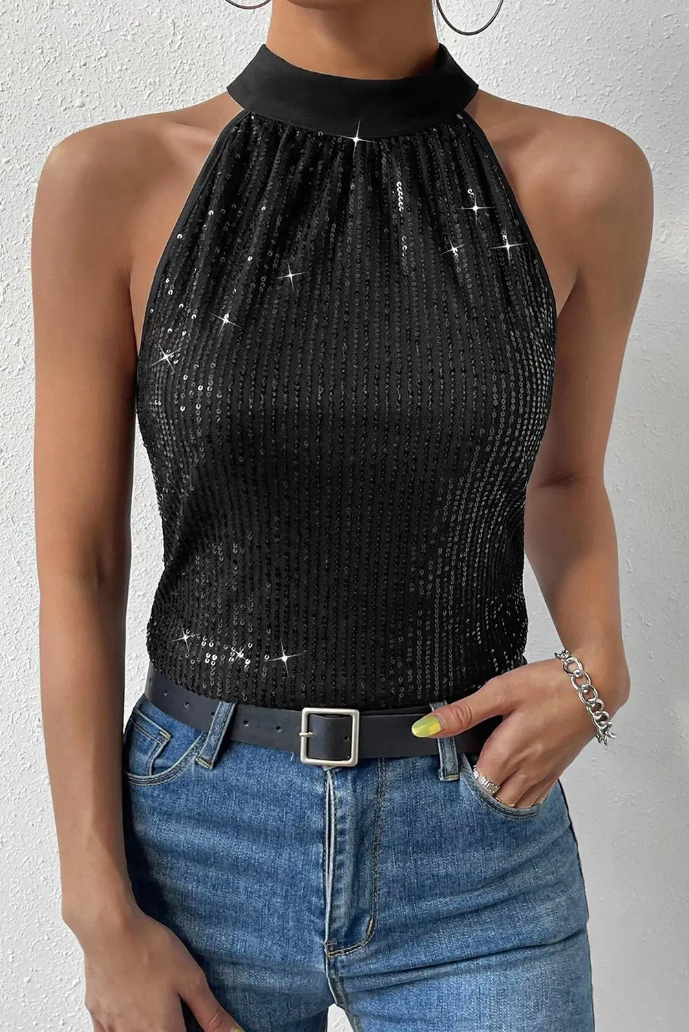 Black keyhole tie back sequined tank top - tops