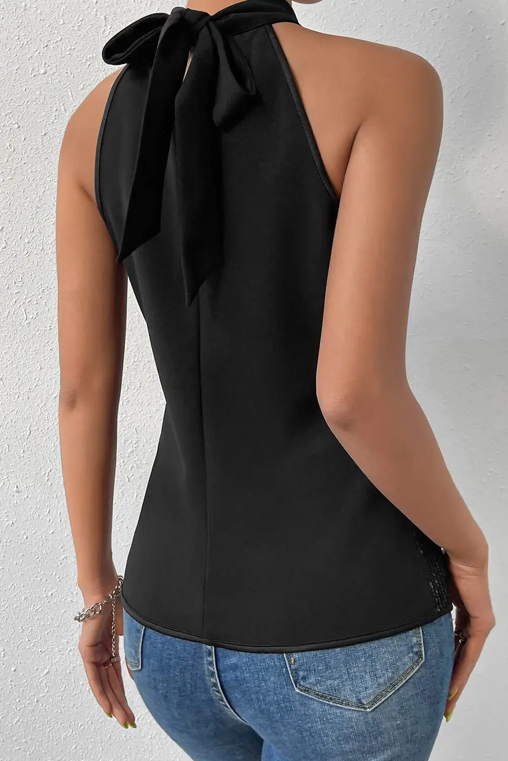 Black keyhole tie back sequined tank top - tops
