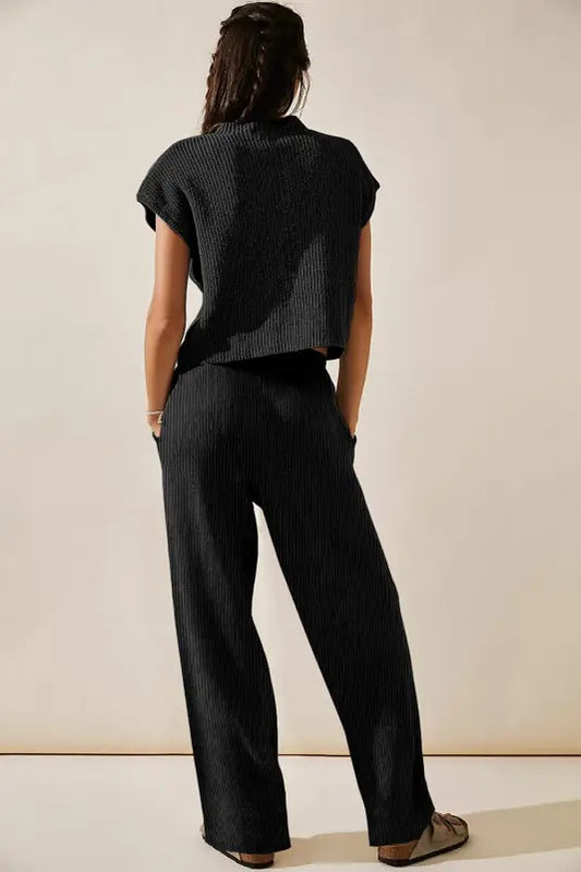 Black knitted v neck sweater and casual pants set - two piece pant sets