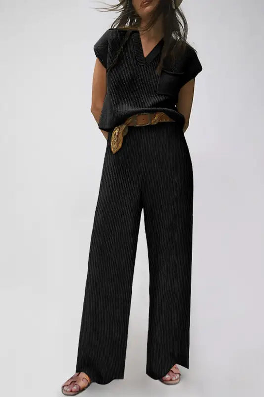 Black knitted v neck sweater and casual pants set - s / 60% cotton + 40% acrylic - two piece pant sets