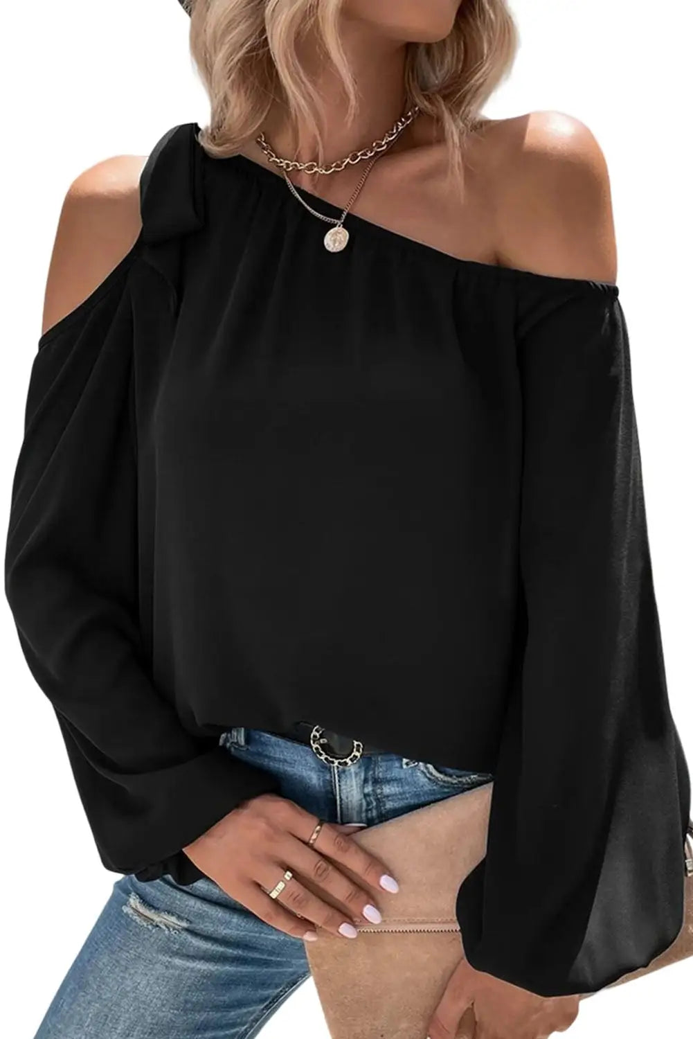 Black knotted asymmetric off shoulder blouse - blouses & shirts