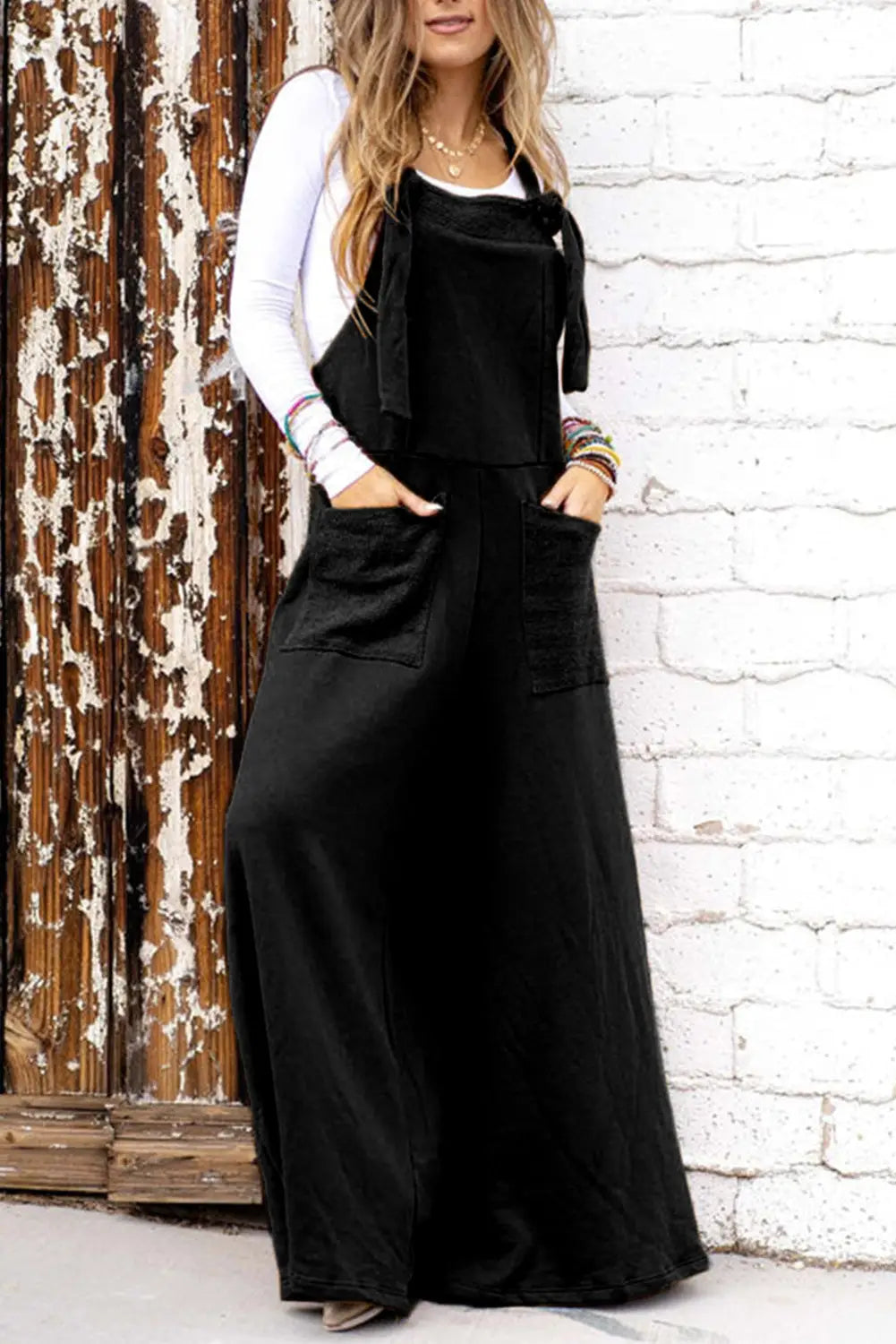 Black knotted straps patch pocket wide leg jumpsuit - l / 90% cotton + 10% polyester - jumpsuits & rompers