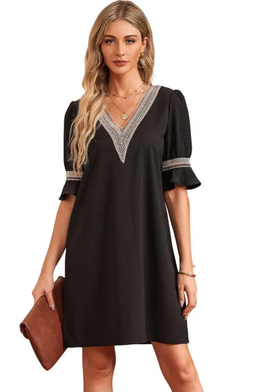 Black lace crochet splicing v neck shift dress - dresses