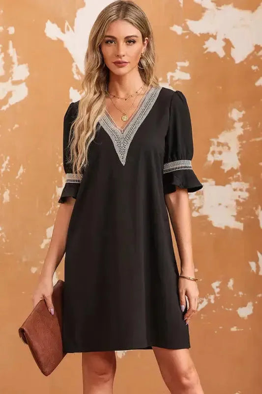Black Lace Crochet Splicing V Neck Shift Dress - Fashionfitz