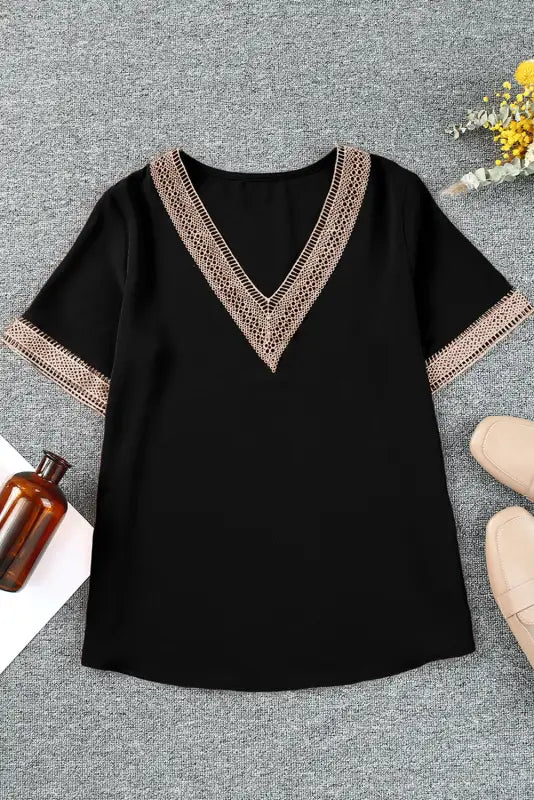 Black lace crochet splicing v neck shift dress - dresses