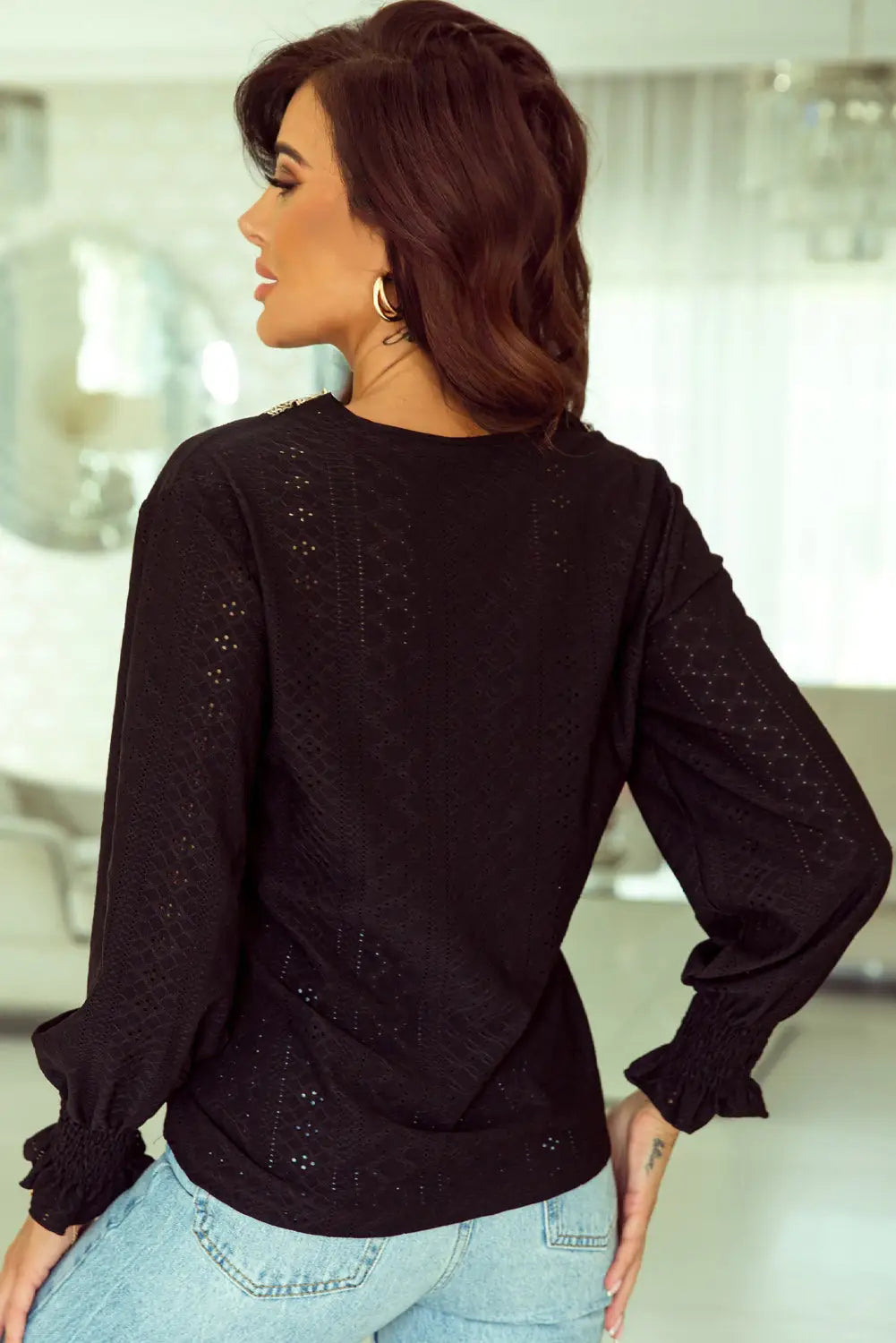 Black lace crochet splicing v neck shift dress - dresses