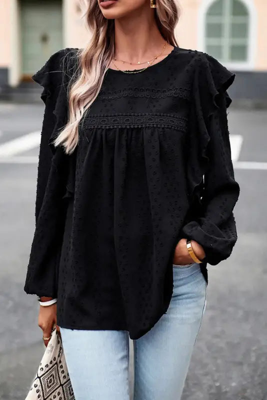 Black lace eyelet ruffle shoulder long sleeve blouse - tops