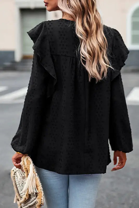 Black lace eyelet ruffle shoulder long sleeve blouse - tops