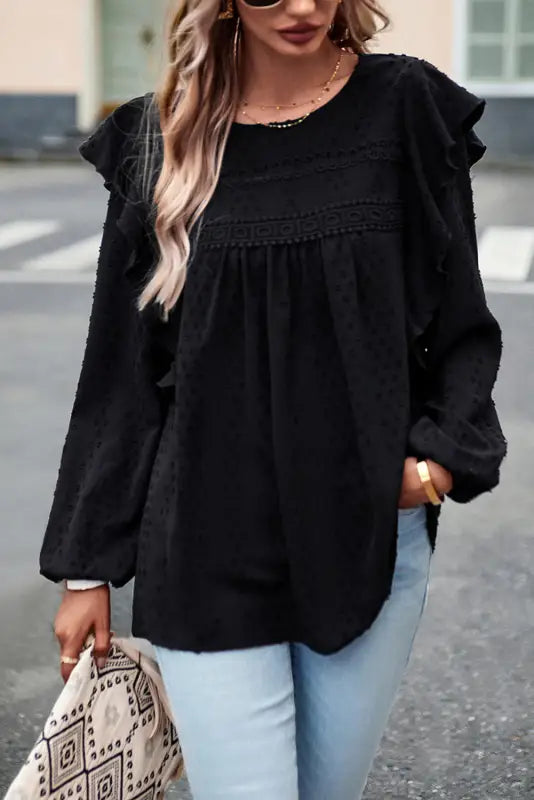 Black lace eyelet ruffle shoulder long sleeve blouse - tops