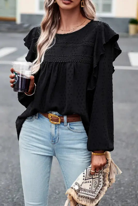 Black lace eyelet ruffle shoulder long sleeve blouse - tops