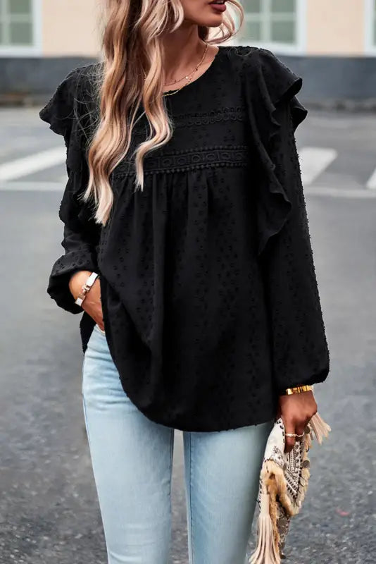 Black lace eyelet ruffle shoulder long sleeve blouse - tops