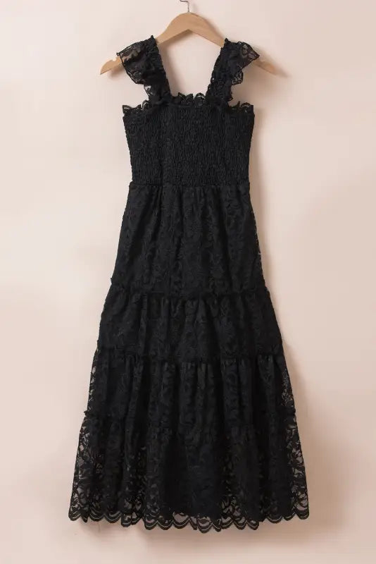 Black lace midi dress - smocked bodice sleeveless - dresses