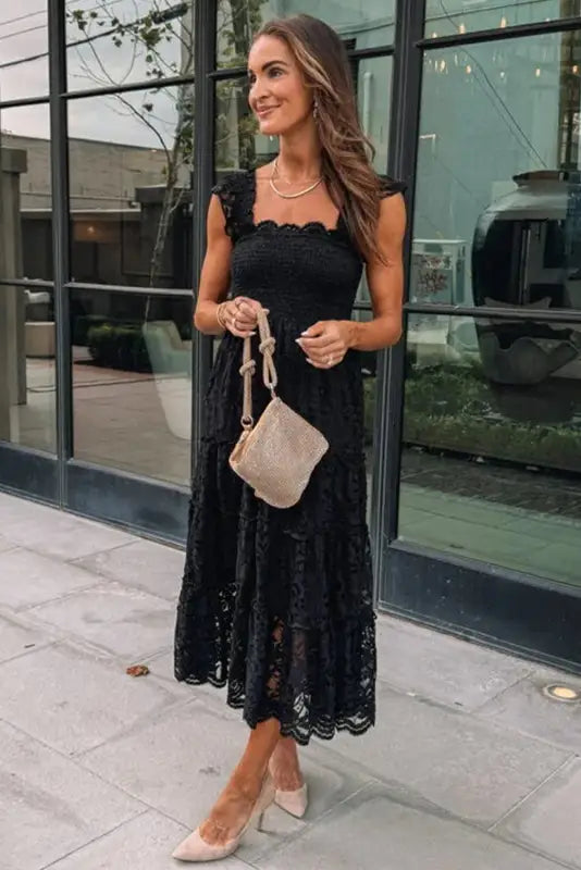 Black lace midi dress - smocked bodice sleeveless - dresses