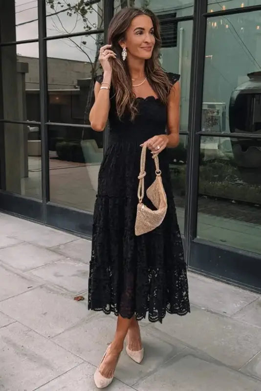 Black lace midi dress - smocked bodice sleeveless - dresses