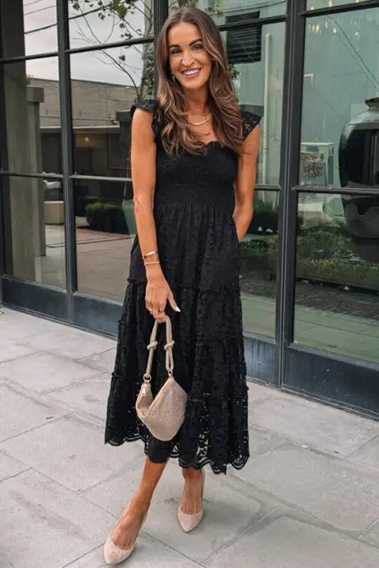 Black lace midi dress - smocked bodice sleeveless - dresses