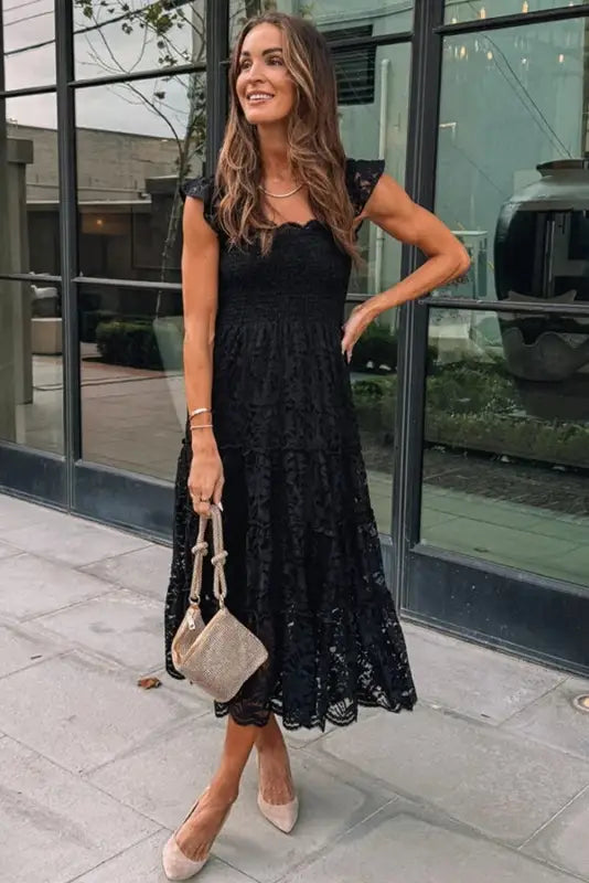 Black lace midi dress - smocked bodice sleeveless - dresses