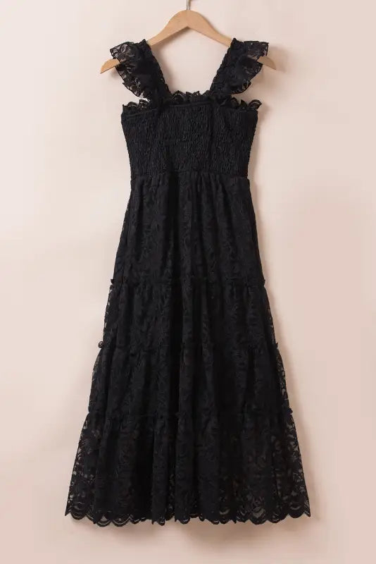 Black lace midi dress - smocked bodice sleeveless - dresses