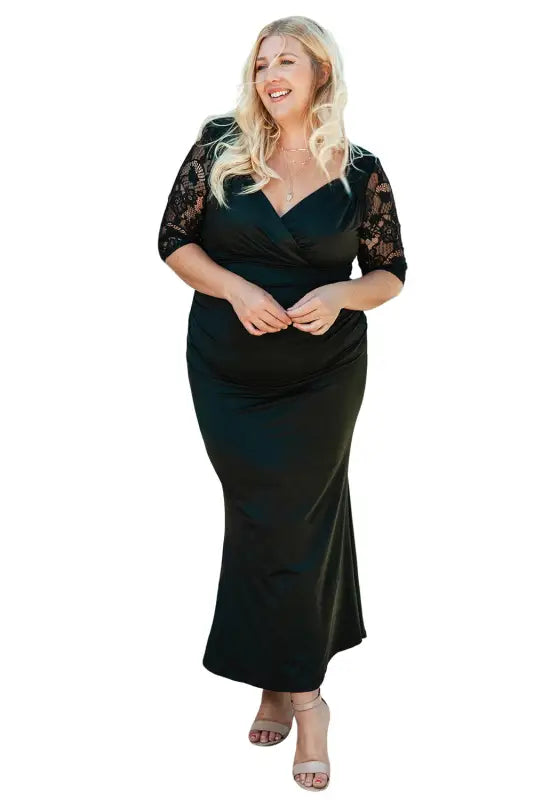 Black lace patchwork 3/4 sleeve pleated plus size dress - 3x / 90% polyester + 10% elastane