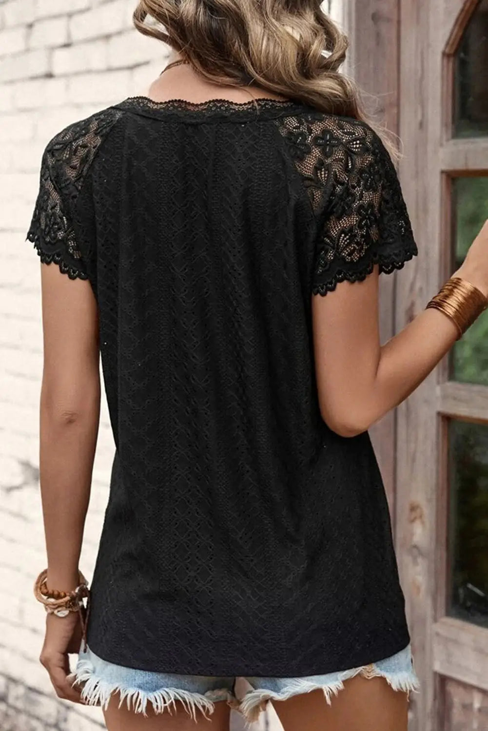Black lace short-sleeve scalloped v-neck top - tops