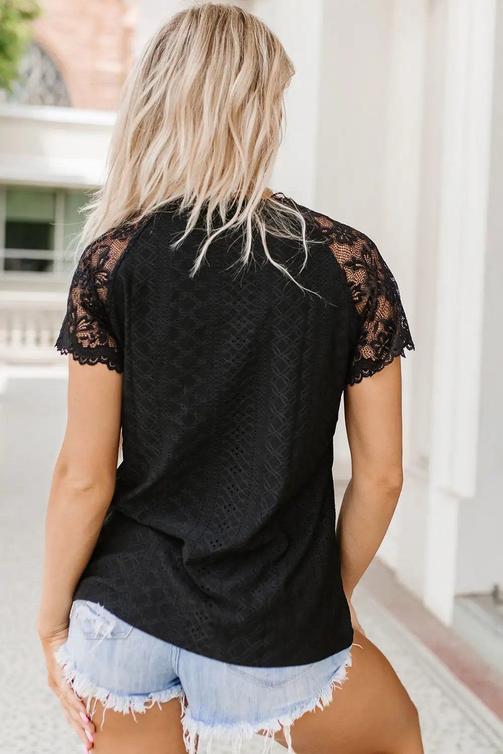 Black lace short-sleeve scalloped v-neck top - tops