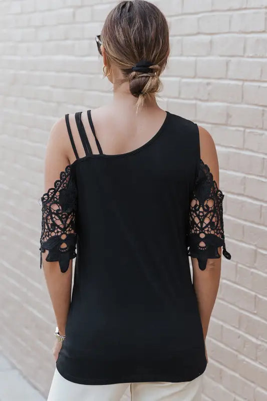 Black lace splicing strappy cold shoulder top - t-shirts