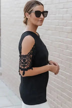 Black Lace Splicing Strappy Cold Shoulder Top - Fashionfitz