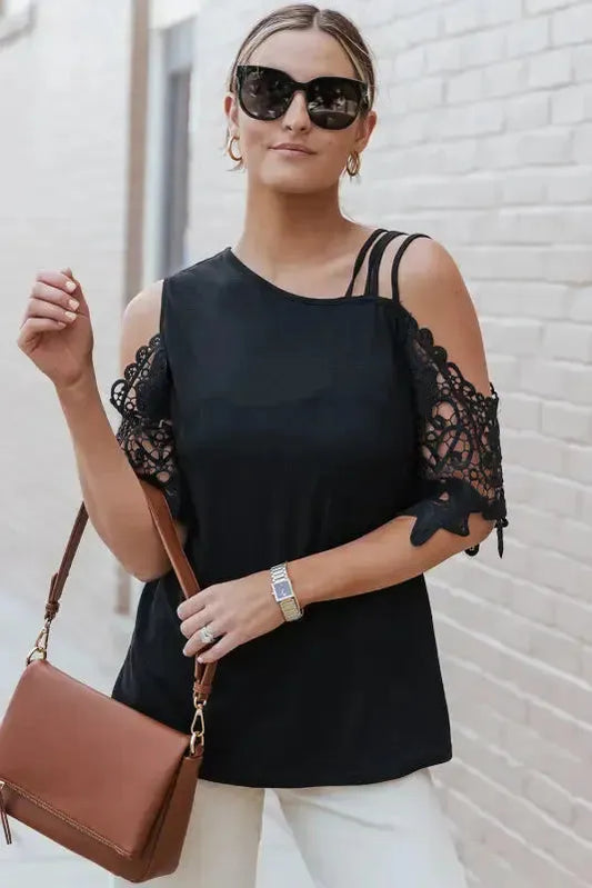 Black Lace Splicing Strappy Cold Shoulder Top - Fashionfitz