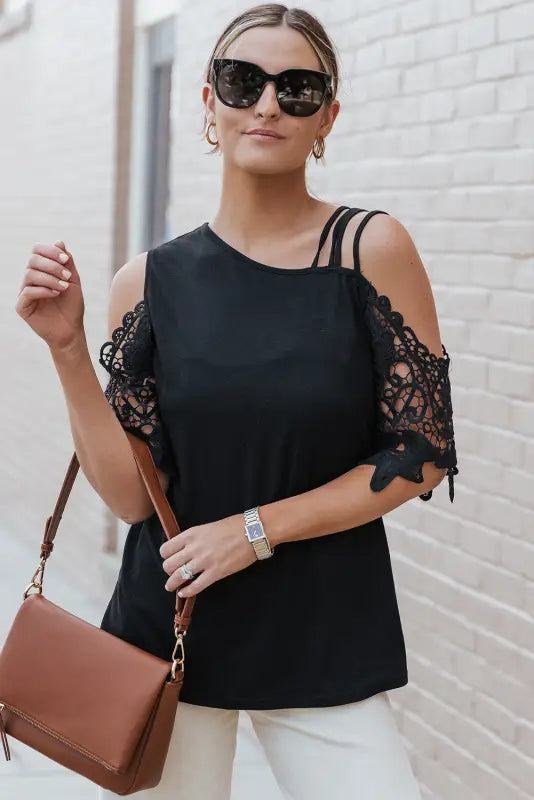 Black lace splicing strappy cold shoulder top - s / 95% polyester + 5% elastane - t-shirts