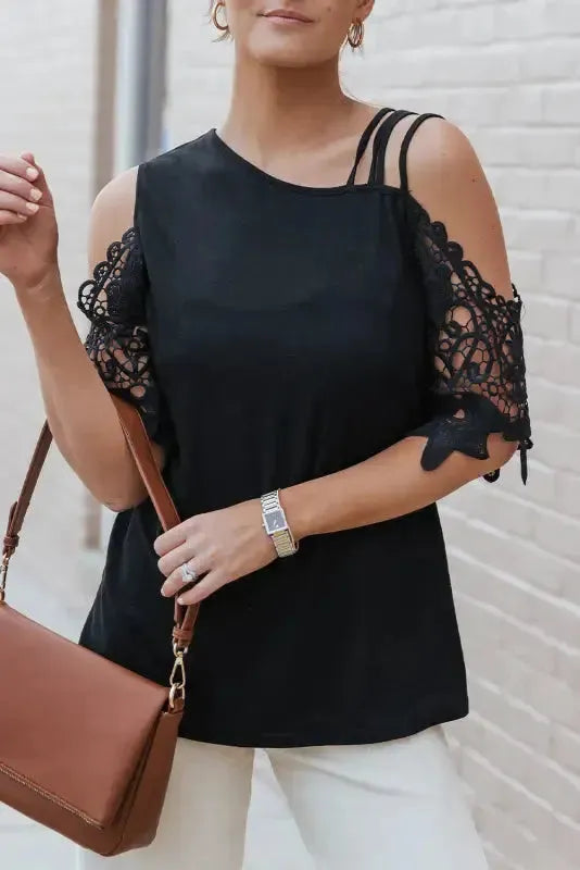 Black Lace Splicing Strappy Cold Shoulder Top - Fashionfitz