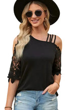 Black Lace Splicing Strappy Cold Shoulder Top - Fashionfitz