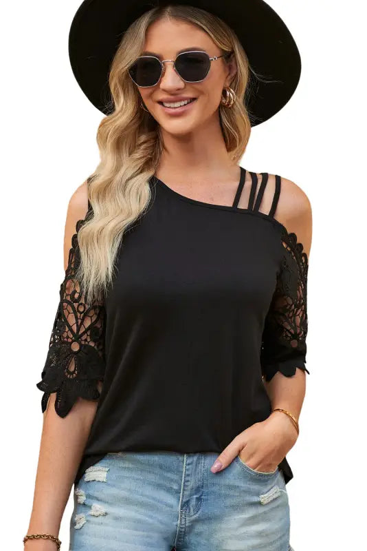 Black lace splicing strappy cold shoulder top - t-shirts