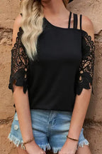 Black Lace Splicing Strappy Cold Shoulder Top - Fashionfitz