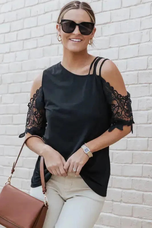 Black Lace Splicing Strappy Cold Shoulder Top - Fashionfitz