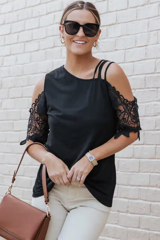 Black lace splicing strappy cold shoulder top - t-shirts