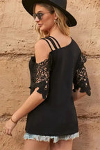 Black Lace Splicing Strappy Cold Shoulder Top - Fashionfitz